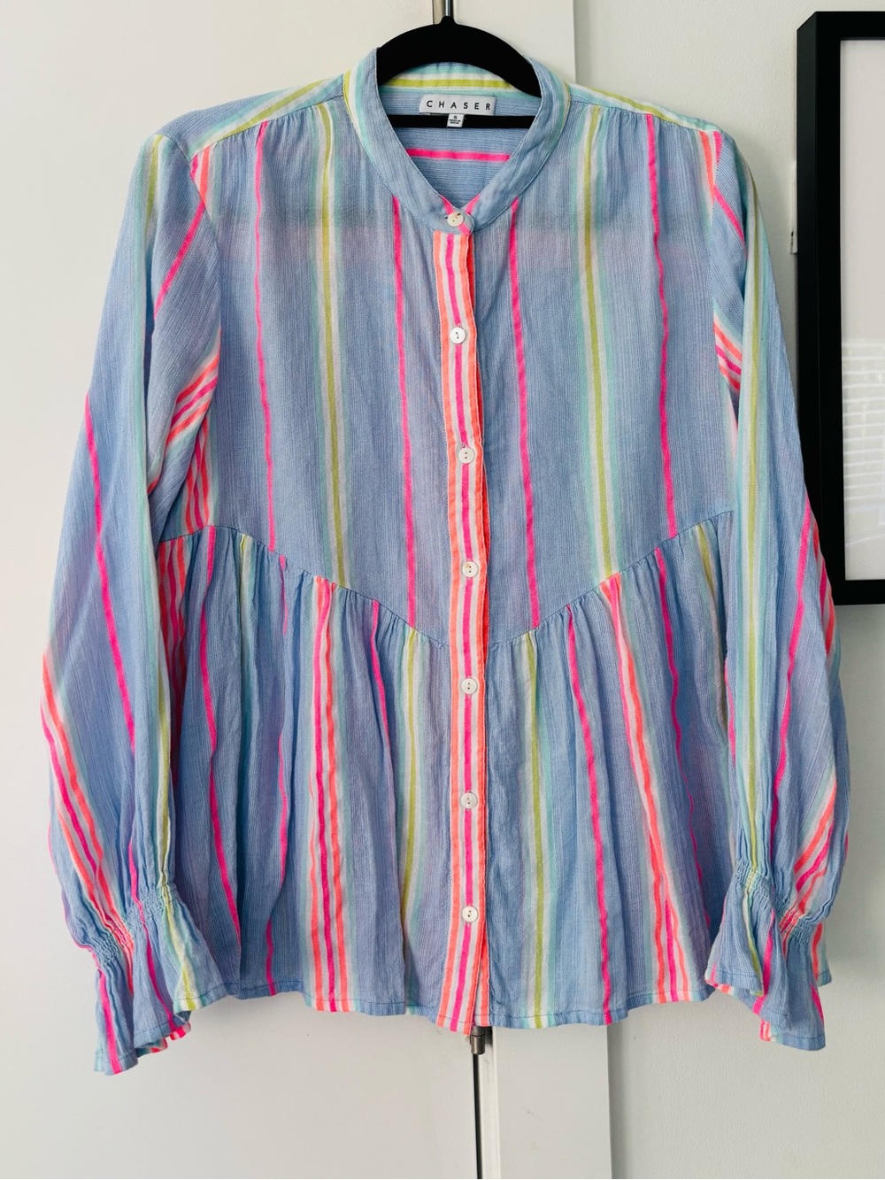 Chaser Gauzey cotton button up peplum rainbow shirt blouse size small